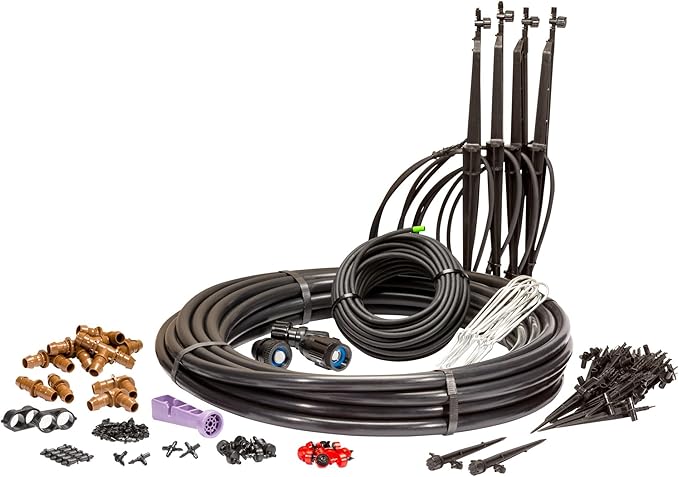 Complete drip irrigation kit with tubing, connectors, stakes, and adjustable emitters for efficient garden watering. Ideal for raised beds, flower gardens, and vegetable patches, this irrigation system provides precise, water-saving hydration for plants.